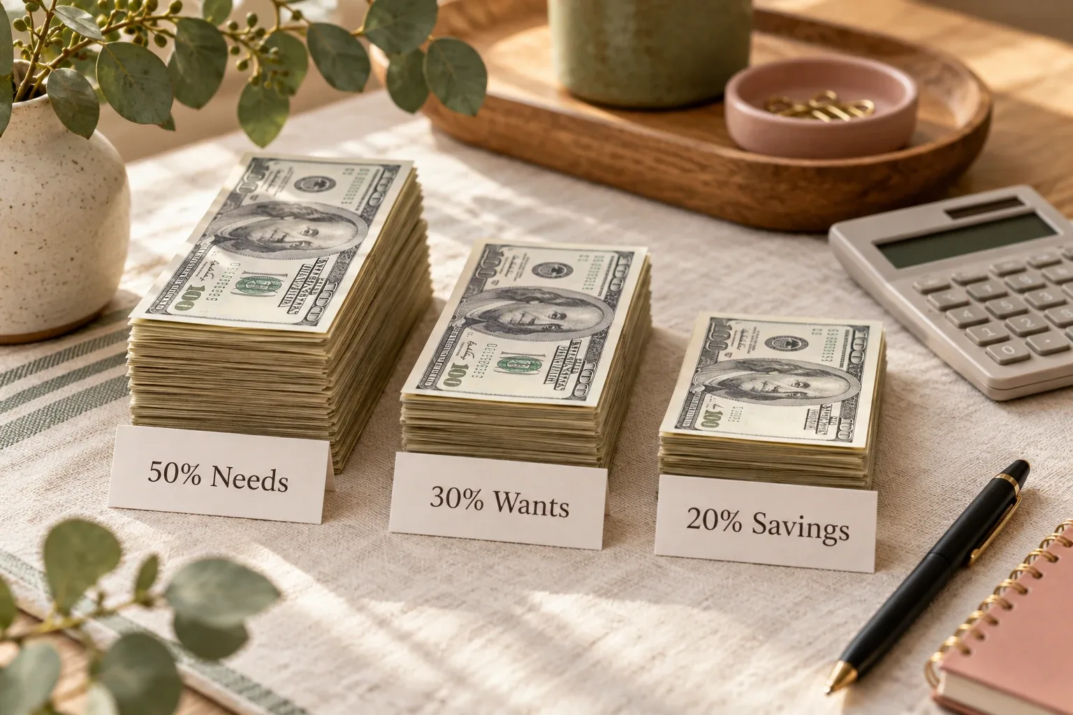 Three stacks of cash labeled 50% Needs, 30% Wants and 20% Savings beside a calculator