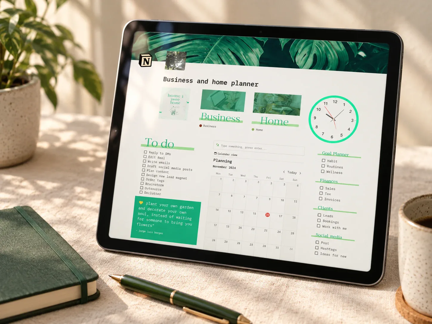 Home and business planner dashboard displayed on a tablet