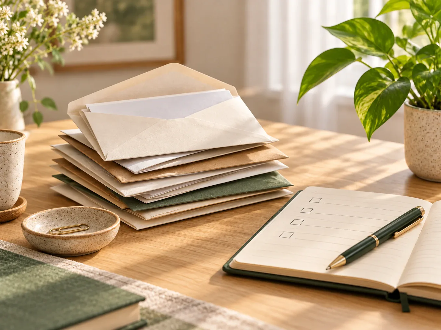 Neat stack of opened envelopes and a notebook checklist on a desk