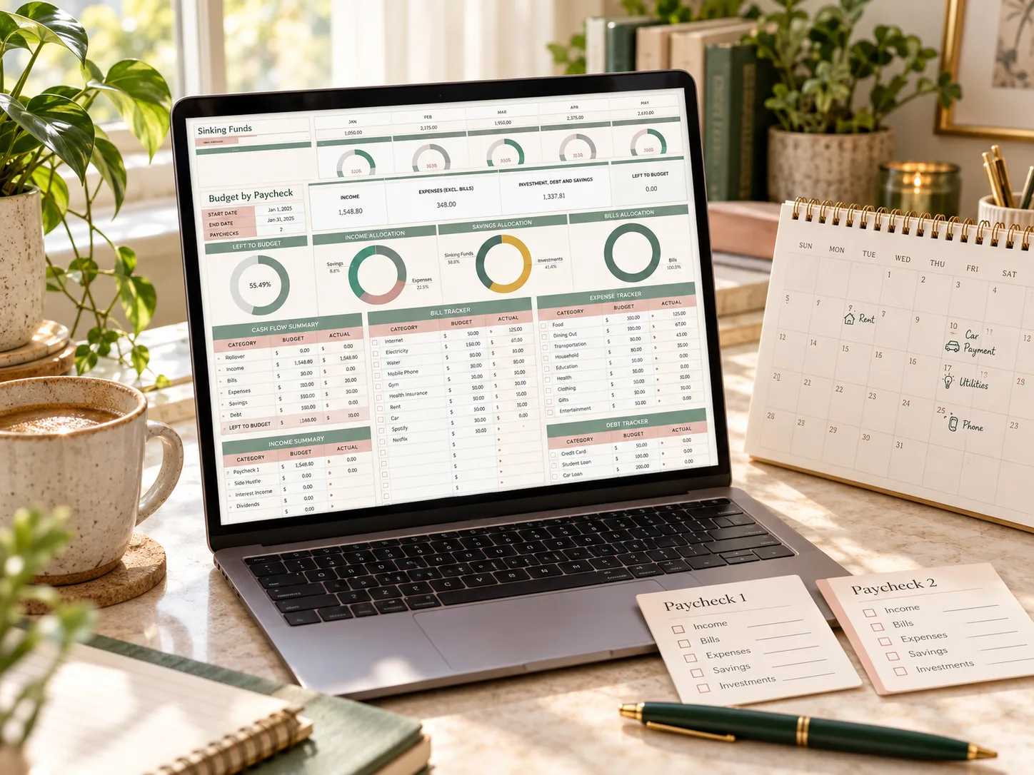 Paycheck budget spreadsheet displayed naturally on a laptop beside a bill calendar and two paycheck planning cards