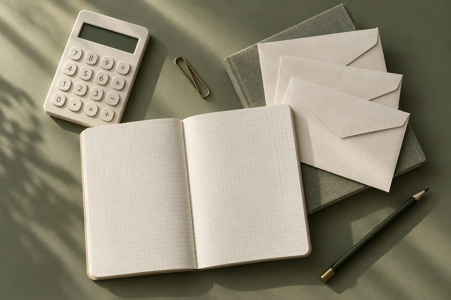 Calculator, notebook and envelopes on a sage desk