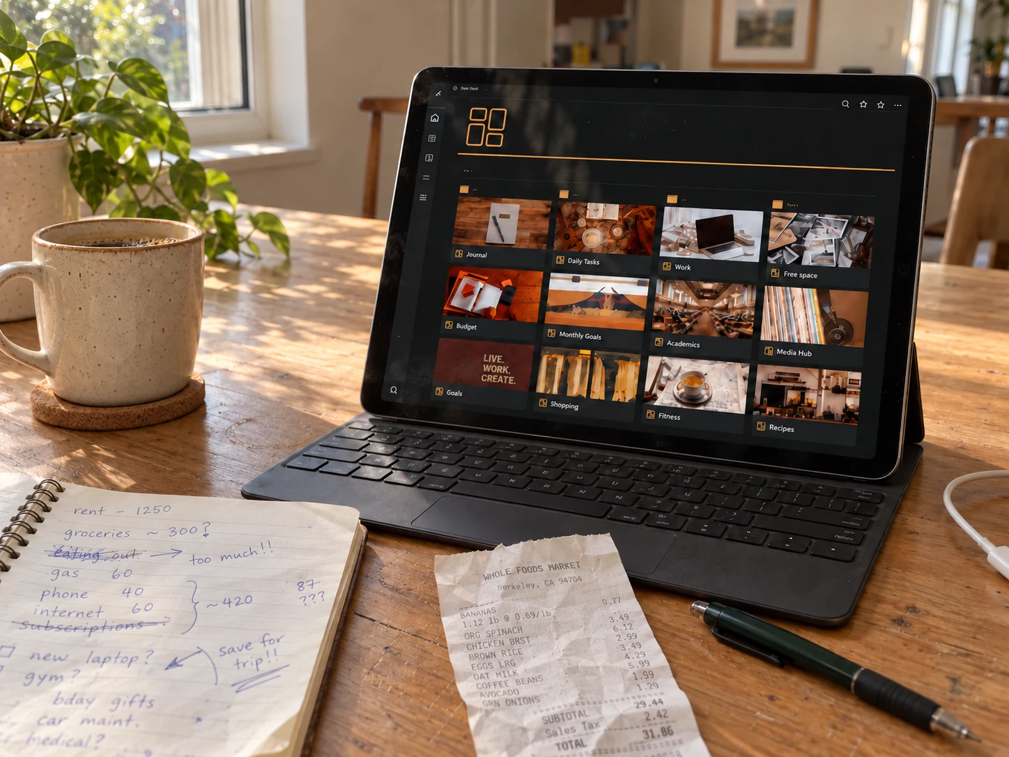 Dark-mode multipage Notion Life Planner displayed naturally on an angled tablet beside a calendar and planning cards