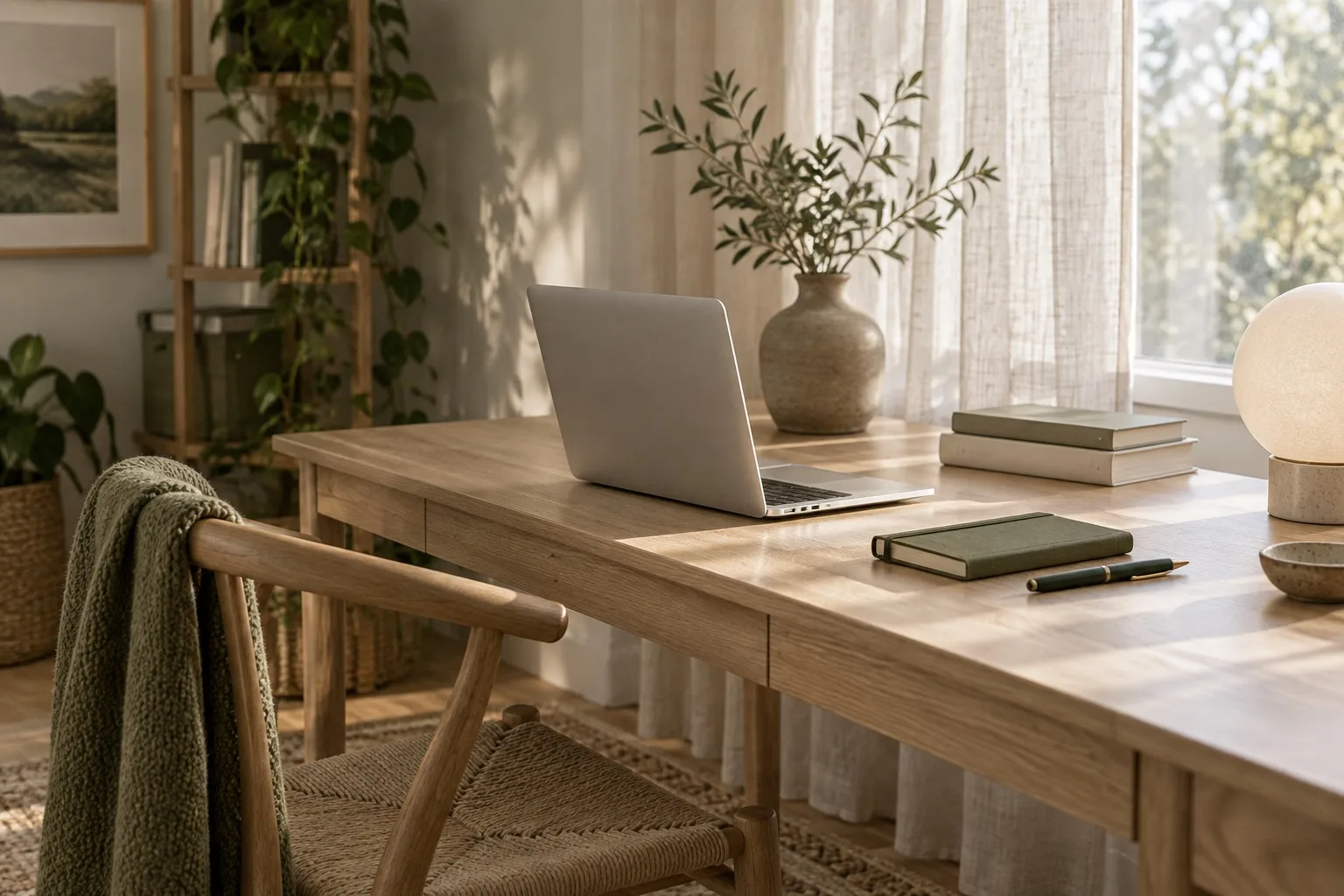 Laptop viewed from behind, journal, lamp and neutral desk by linen curtains