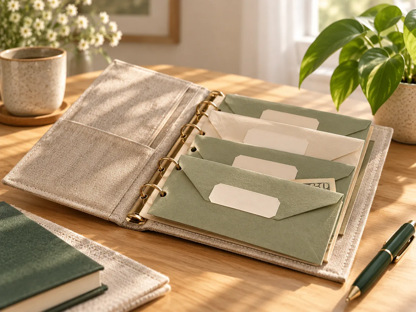 Linen envelope binder with plain labelled envelopes on a wooden table