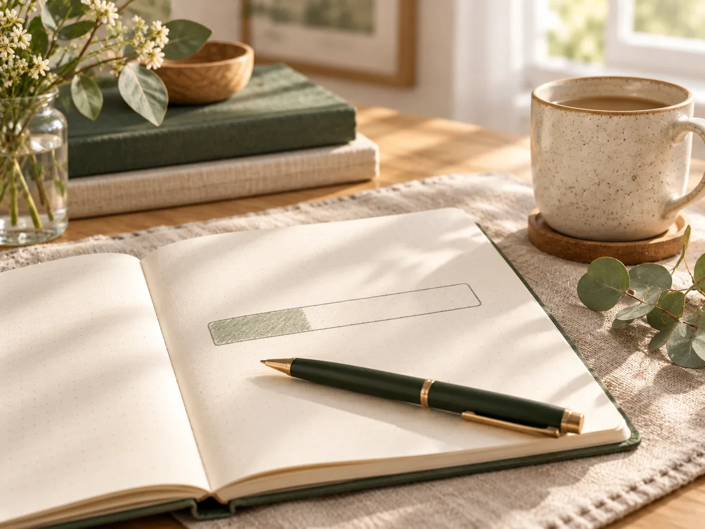 Hand-drawn progress bar in a notebook beside a green pen and a mug