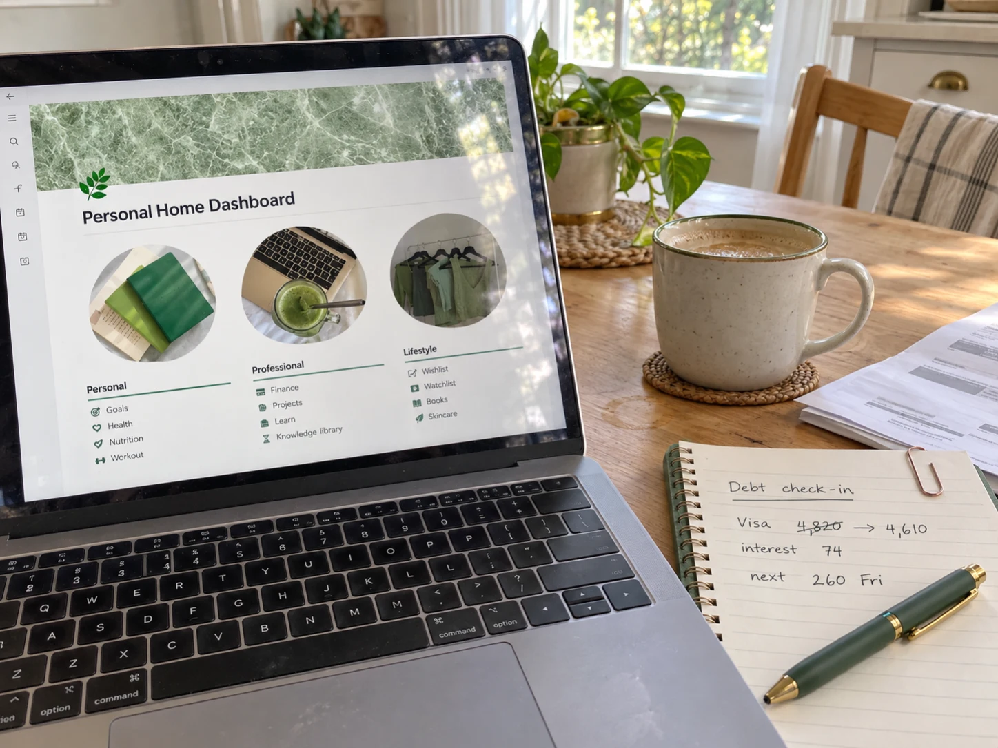 Personal Home Dashboard displayed on an angled laptop beside an imperfect handwritten debt check-in in natural window light