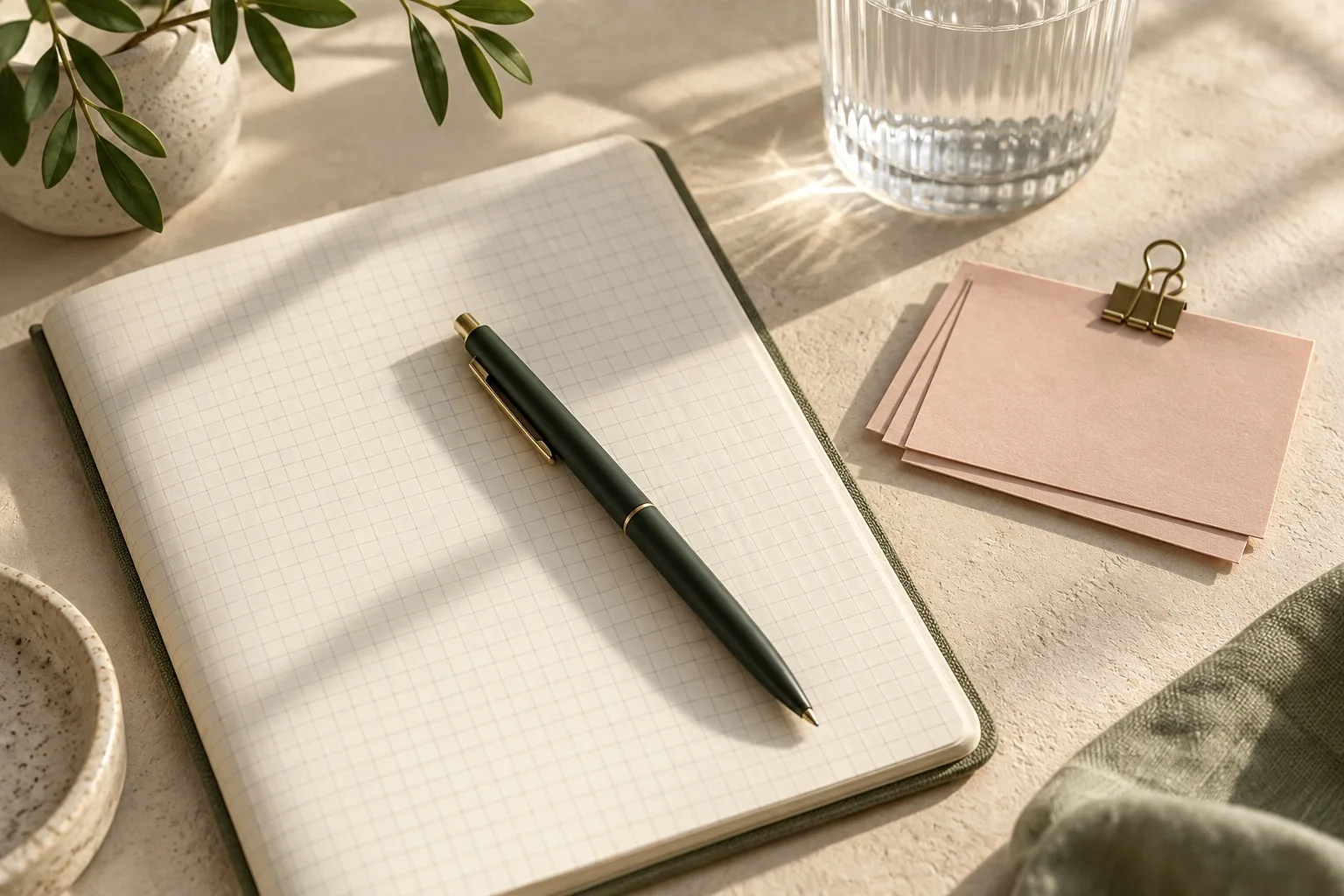 Blank graph notebook, forest pen, rose index cards and ribbed glass