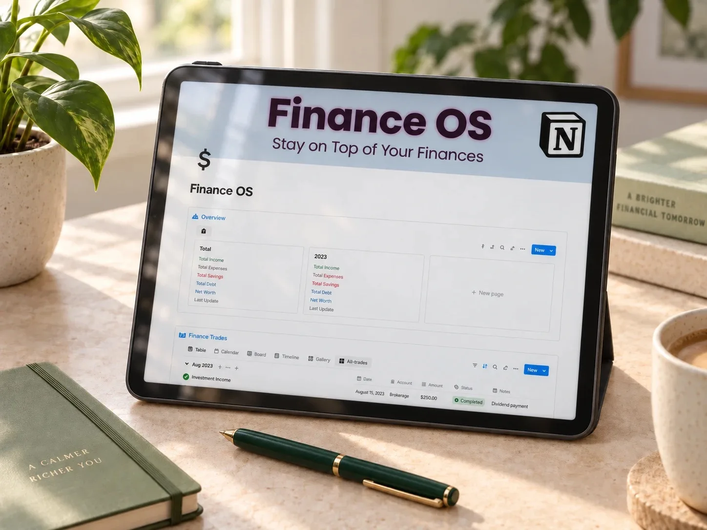 Finance OS budgeting dashboard displayed on a tablet on a calm planning desk