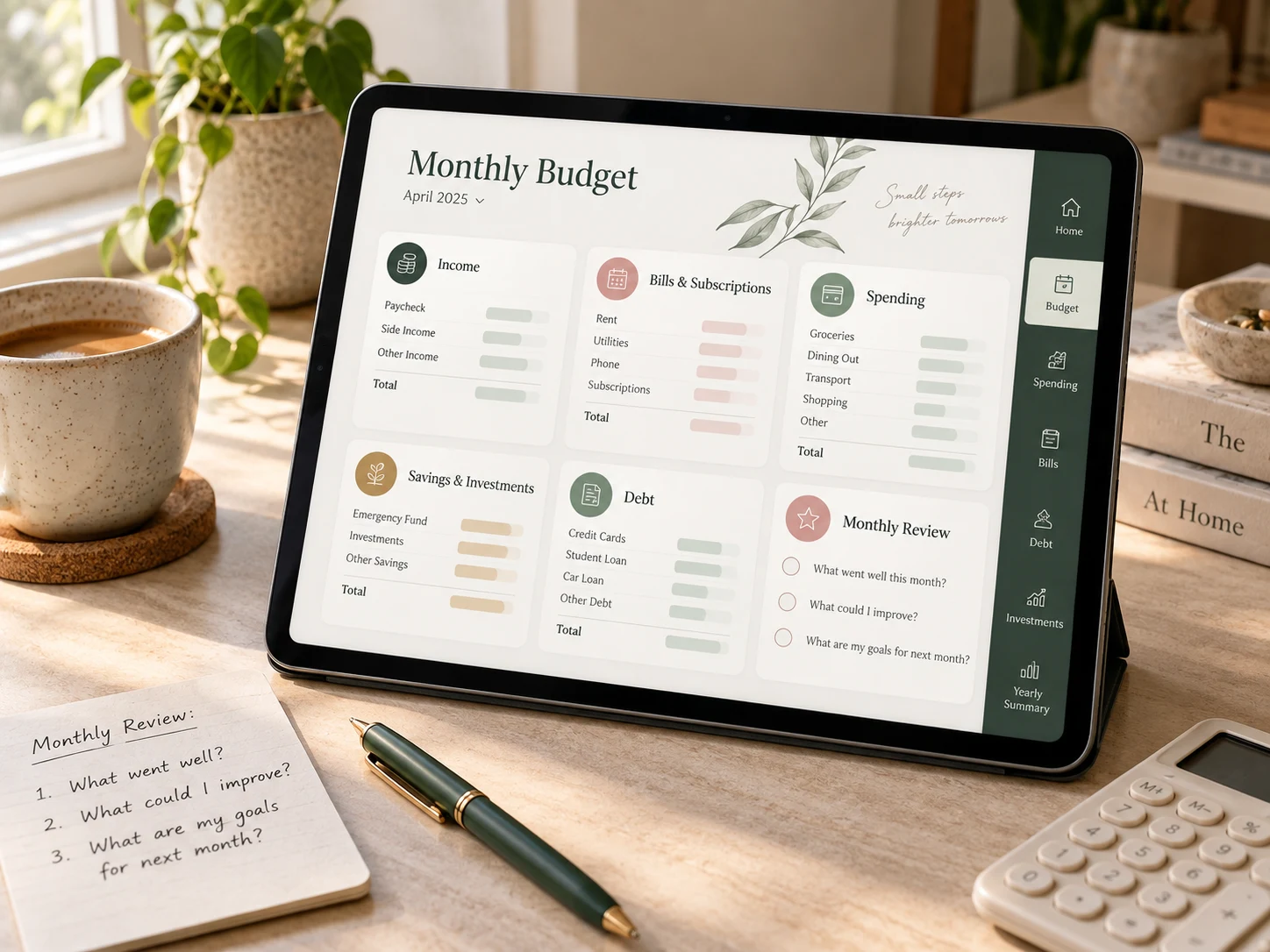 Digital monthly budget planner with income, bills, spending, savings, debt, investment, and review sections displayed on a tablet in natural window light