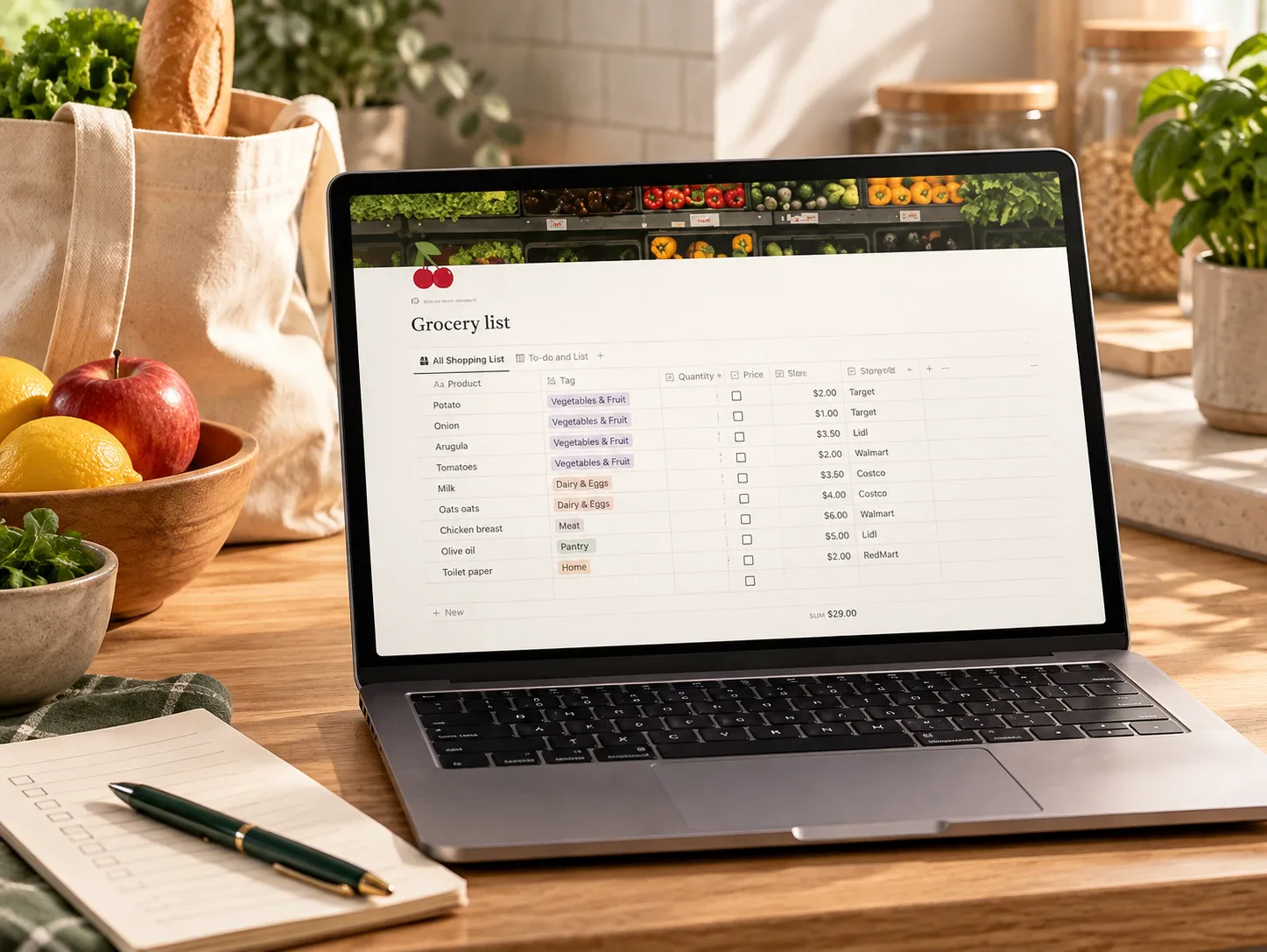 Grocery list Notion dashboard displayed on a laptop in a kitchen