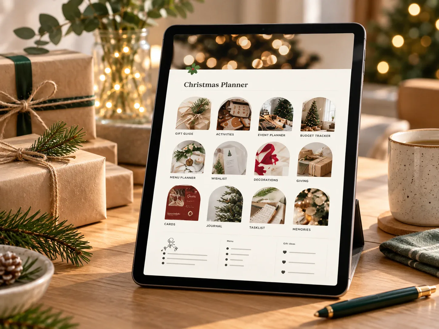 Christmas planner Notion dashboard displayed on a tablet