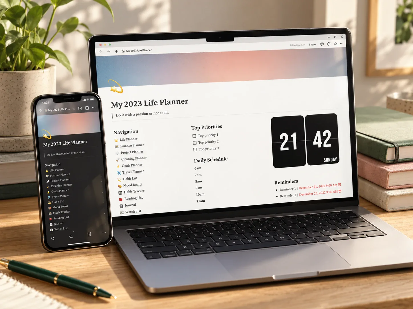 Life planner dashboard displayed on a laptop and phone