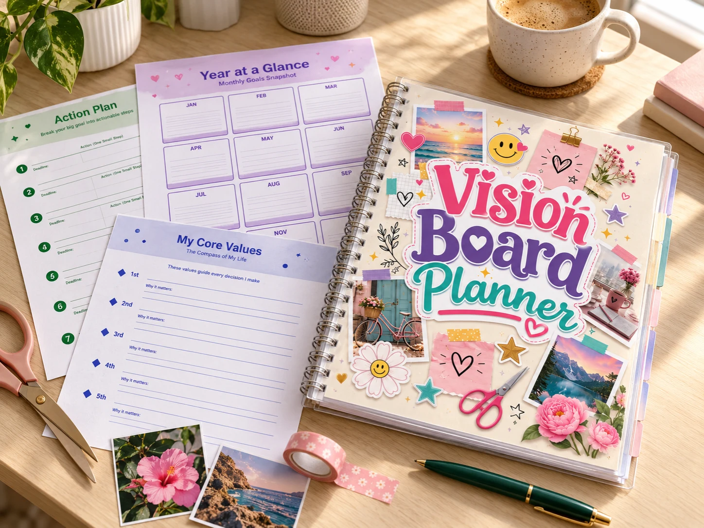 Printed Vision Board Planner in a clear spiral binding beside Year at a Glance, Action Plan, and Core Values worksheets on a sunlit desk
