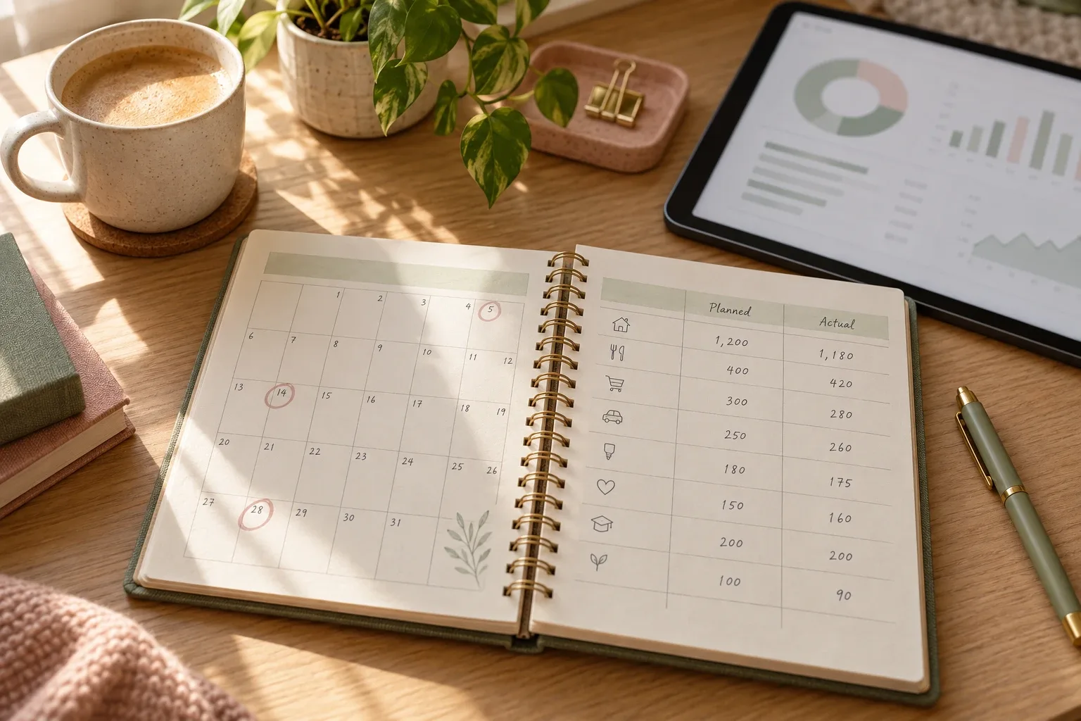 Open monthly budget planner with a calendar and planned versus actual columns, next to a tablet