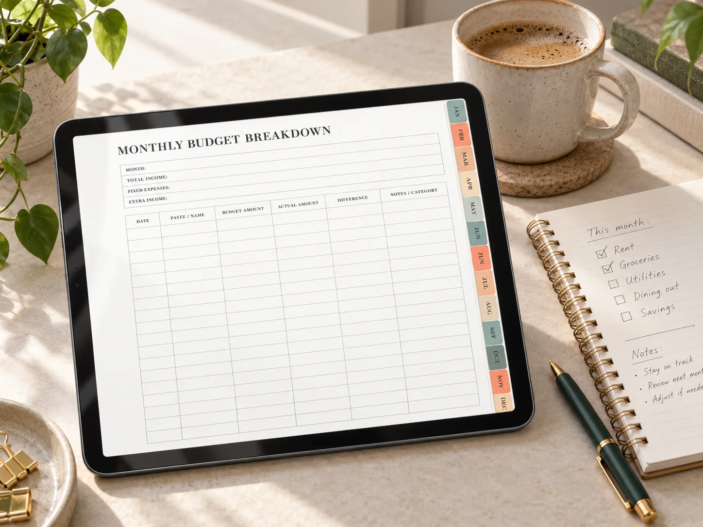 Digital monthly budget breakdown planner displayed on a tablet beside a notebook on a sunlit desk