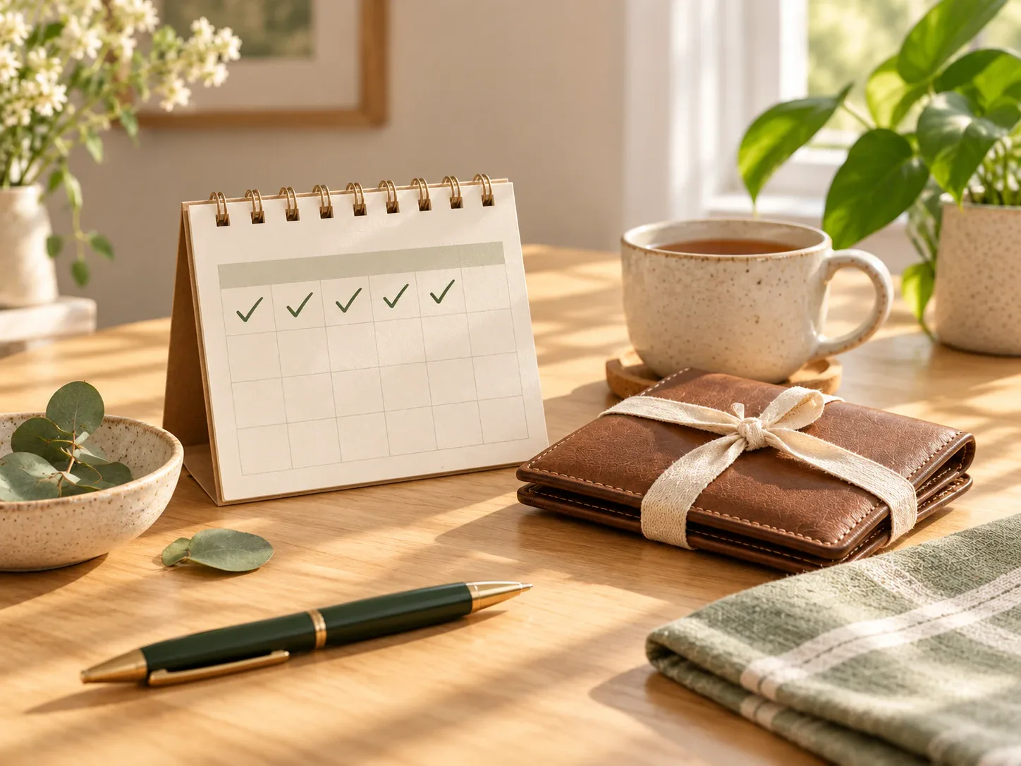 Small paper calendar with hand-drawn check marks beside a closed wallet