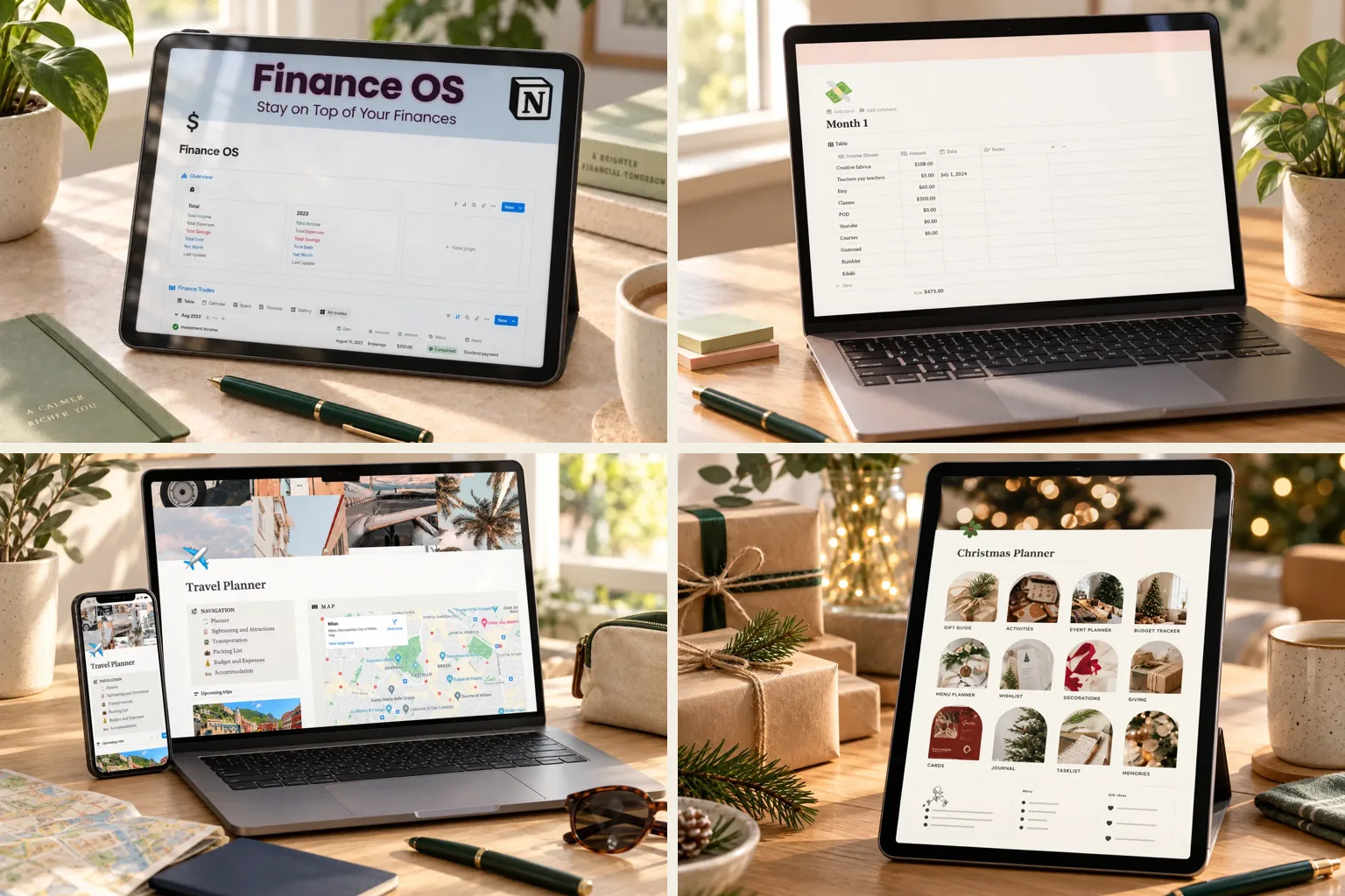 Four Notion budget dashboards on tablets and laptops arranged in a grid