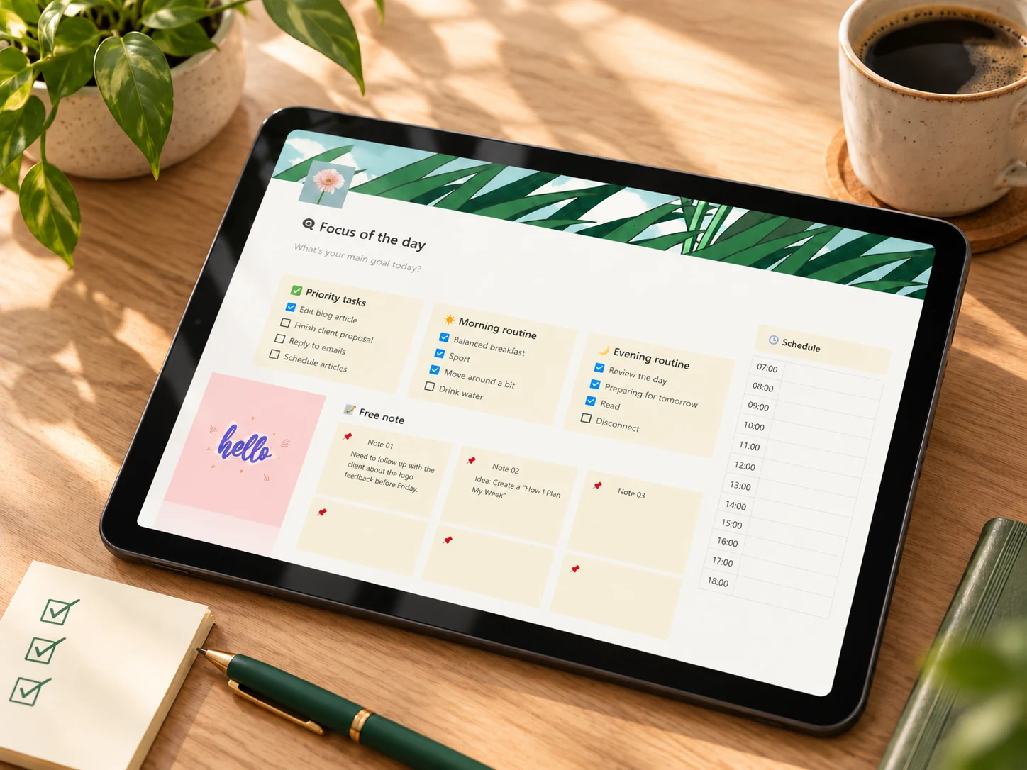 Cream and green Daily Planner Notion template displayed naturally on an angled tablet in warm window light