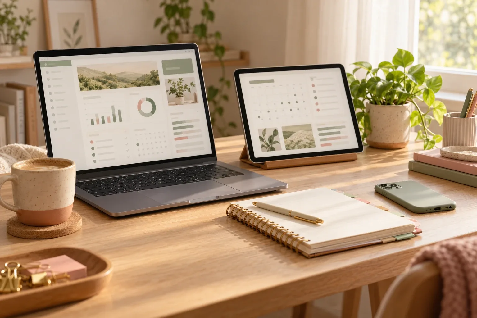 Laptop and tablet showing calm planner dashboards on a sunlit oak desk