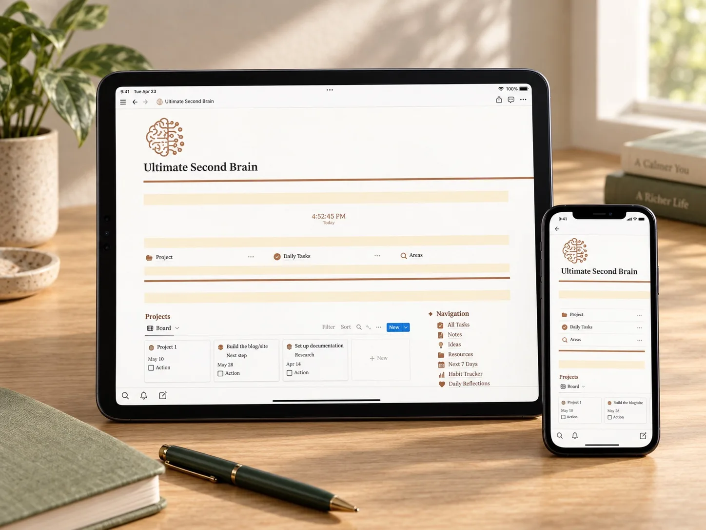 Ultimate Second Brain dashboard displayed on a tablet and smartphone