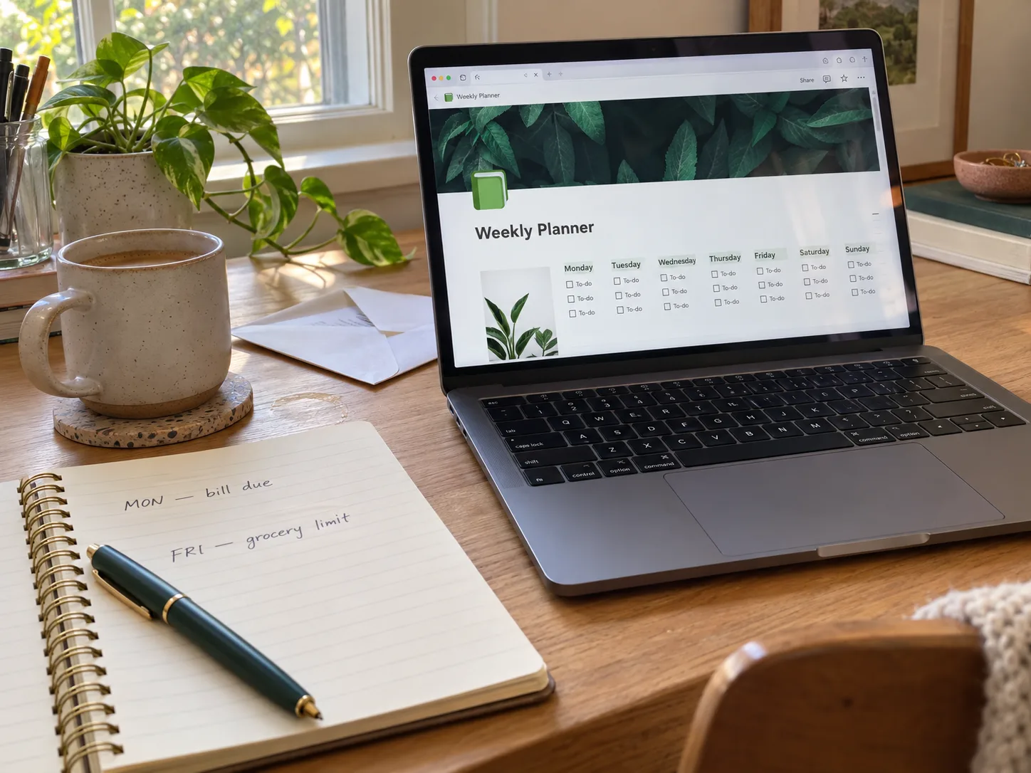 Green Notion Weekly Planner displayed on a realistic laptop beside an imperfect handwritten bill and grocery note in natural window light