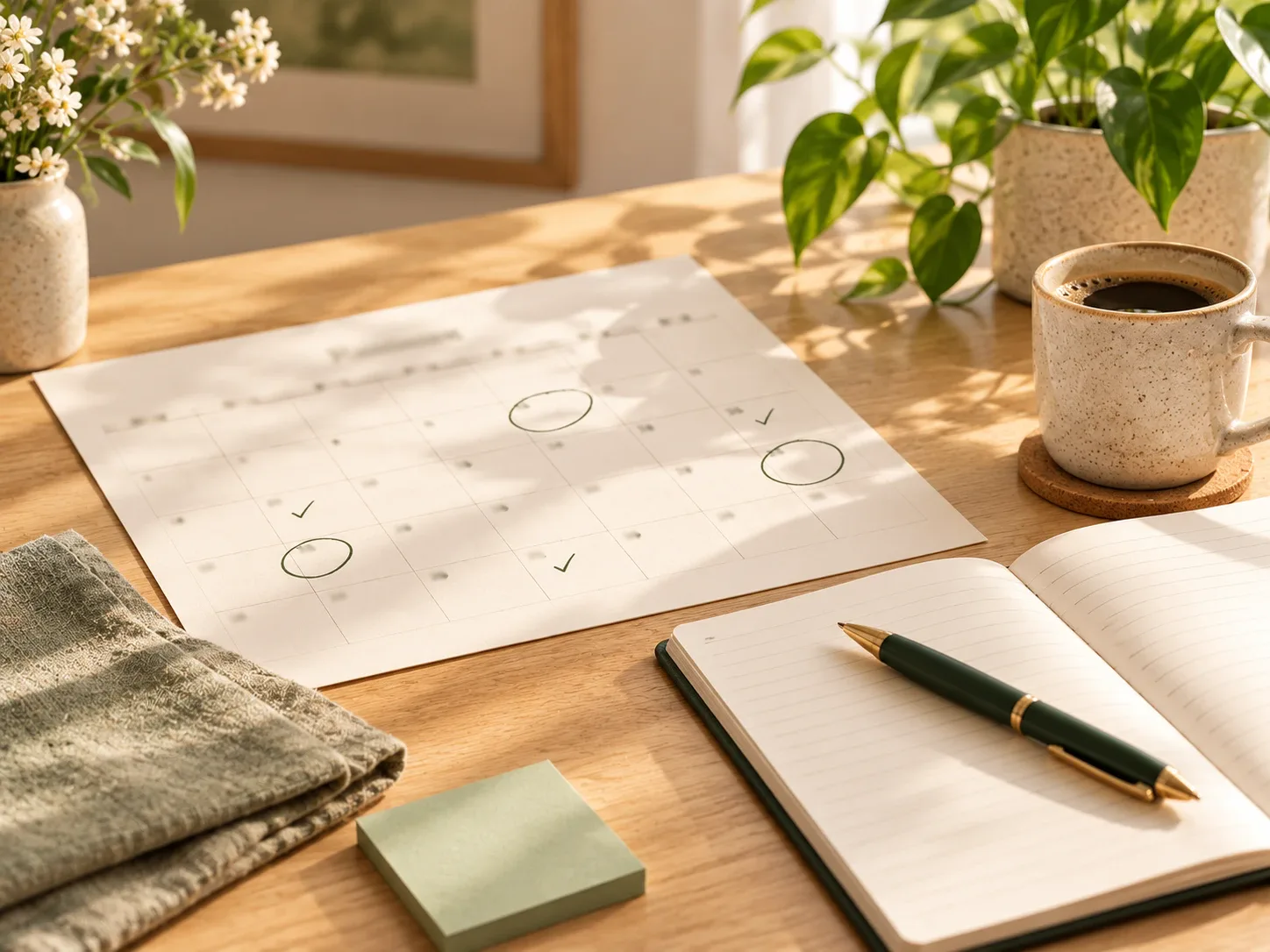 Paper calendar with a few dates circled in green beside a notebook and coffee