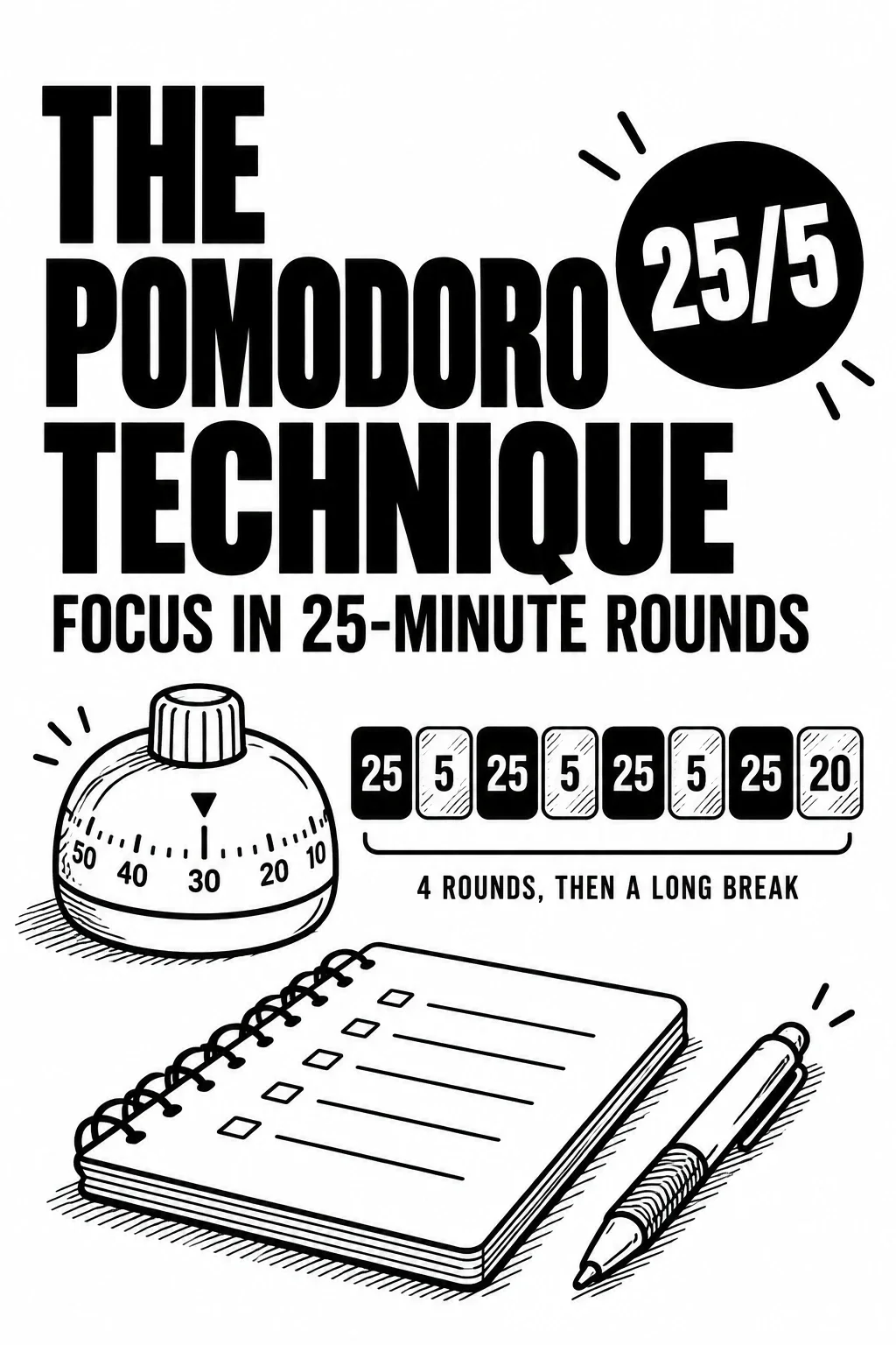 The Pomodoro Technique: a simple 25/5 focus method visual reminder
