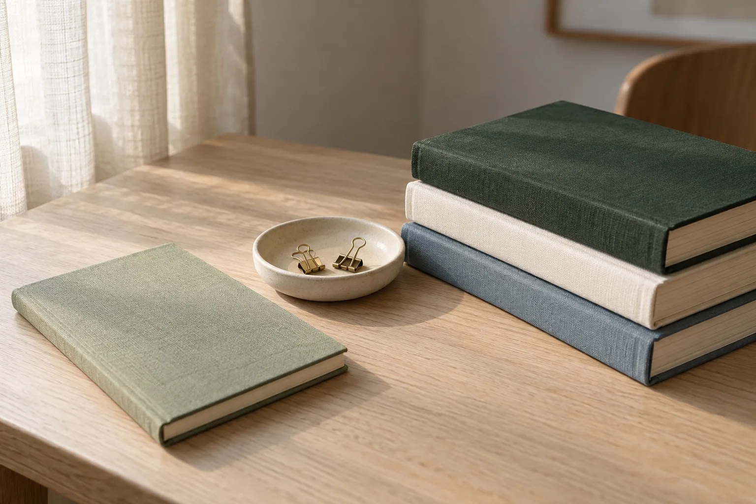 A small notebook beside a stack of linen journals
