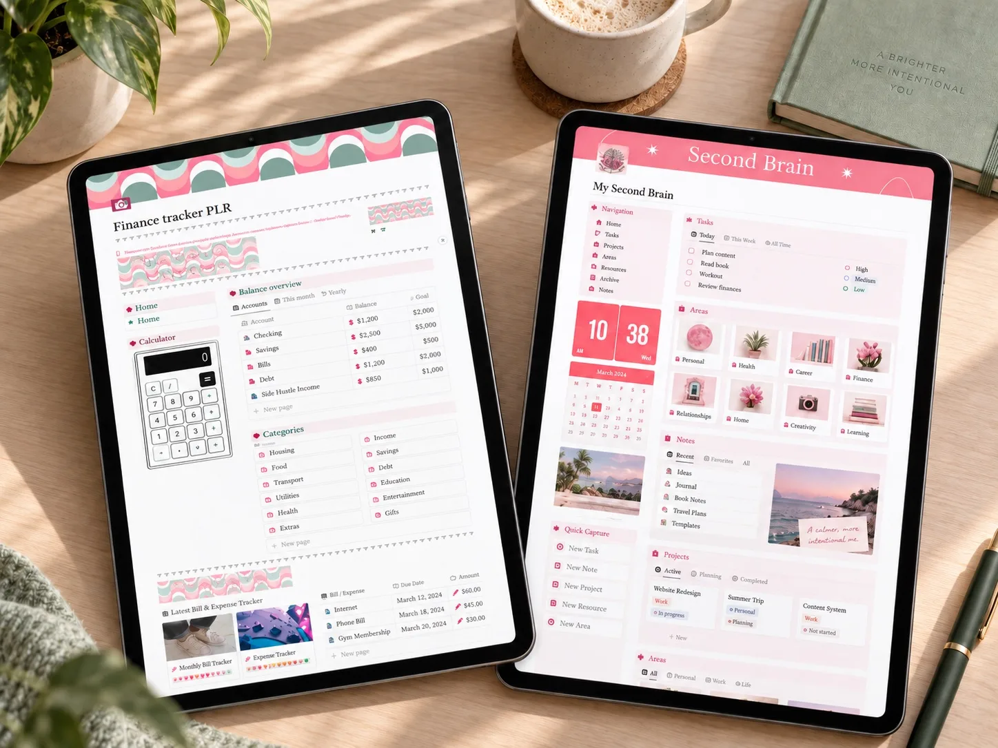 Finance tracker and second-brain dashboards displayed on two tablets on a calm planning desk