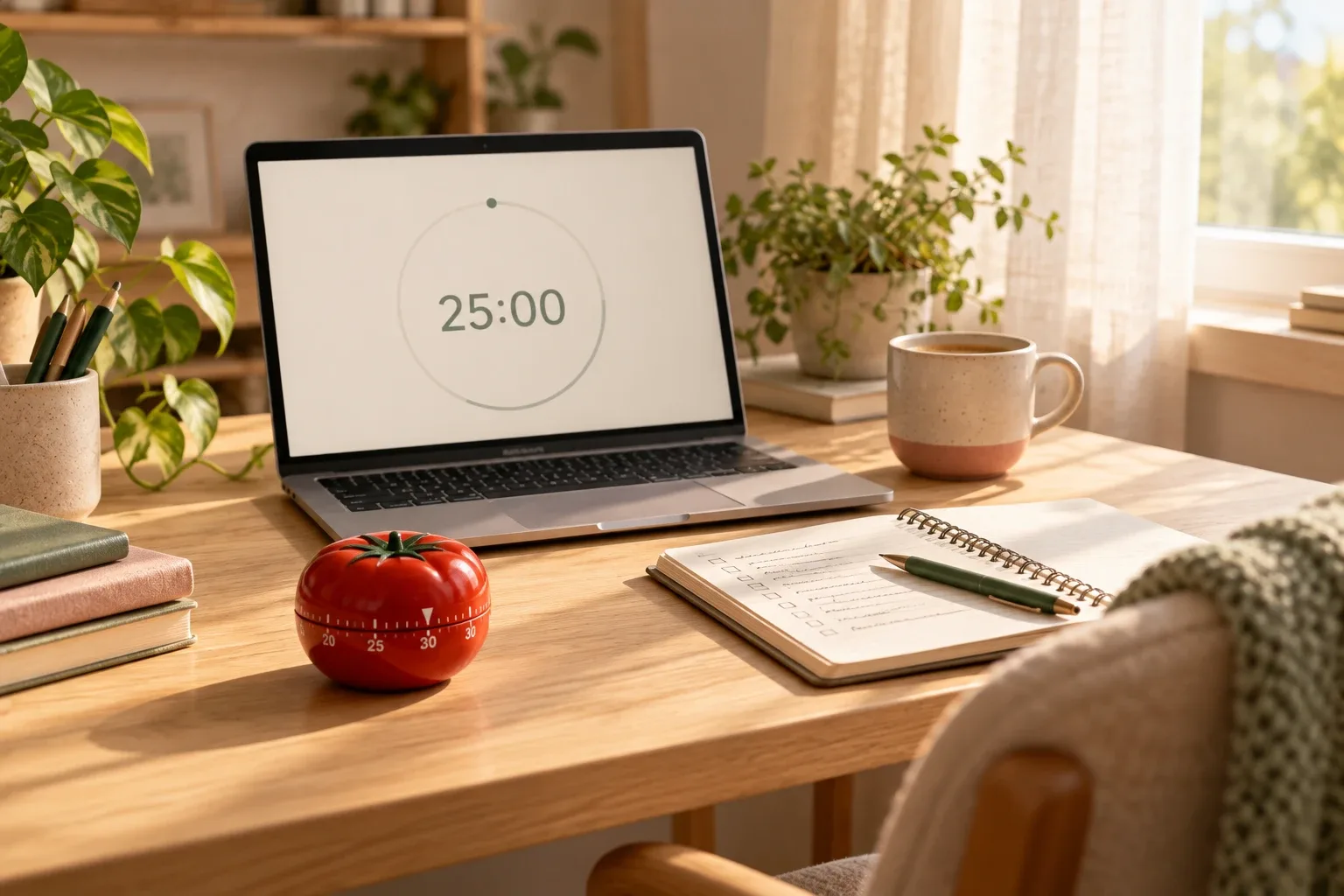 A red tomato kitchen timer in front of a laptop showing a 25:00 timer on a sunlit oak desk