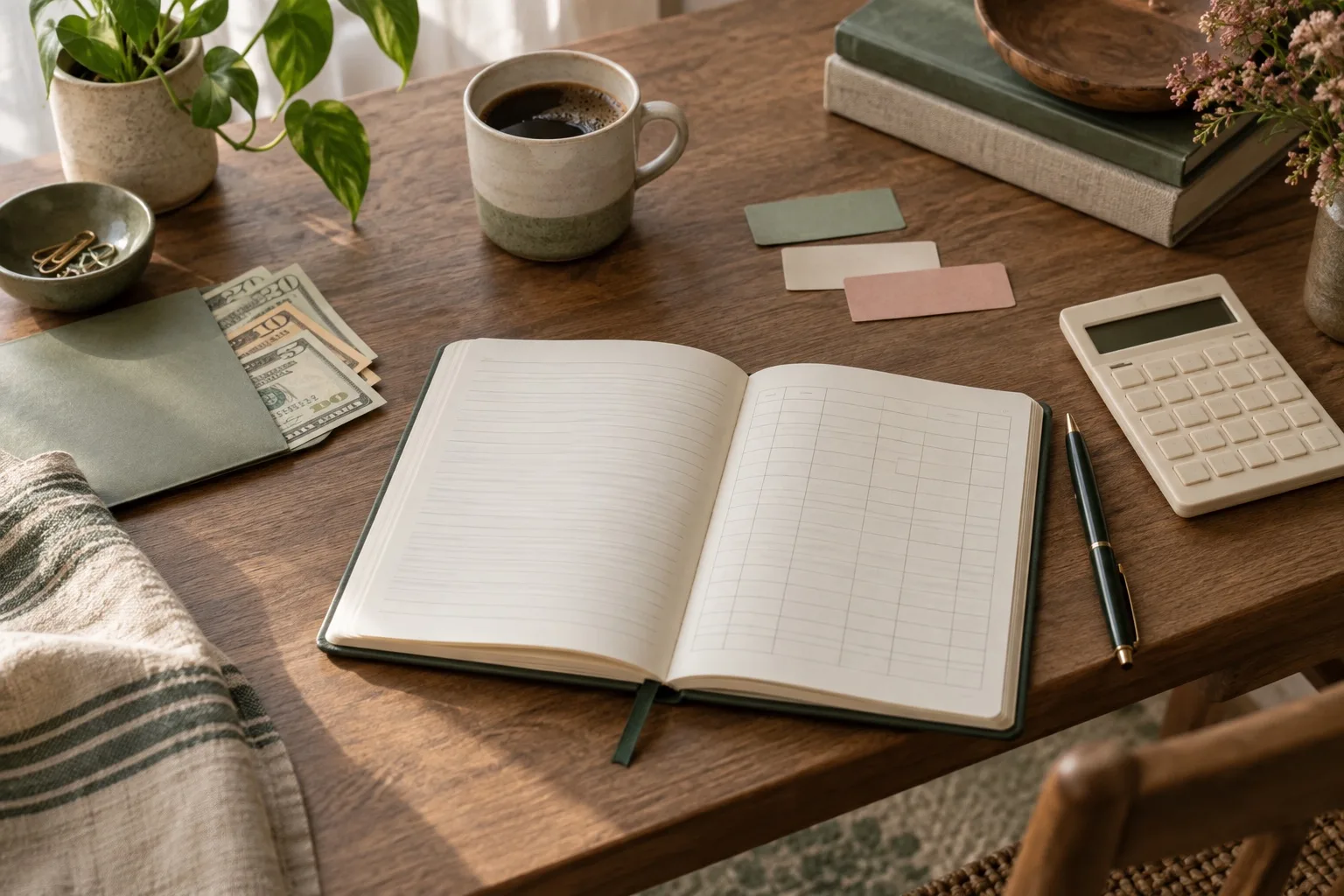 Open budget planner, calculator, envelope and cash on a warm wooden table