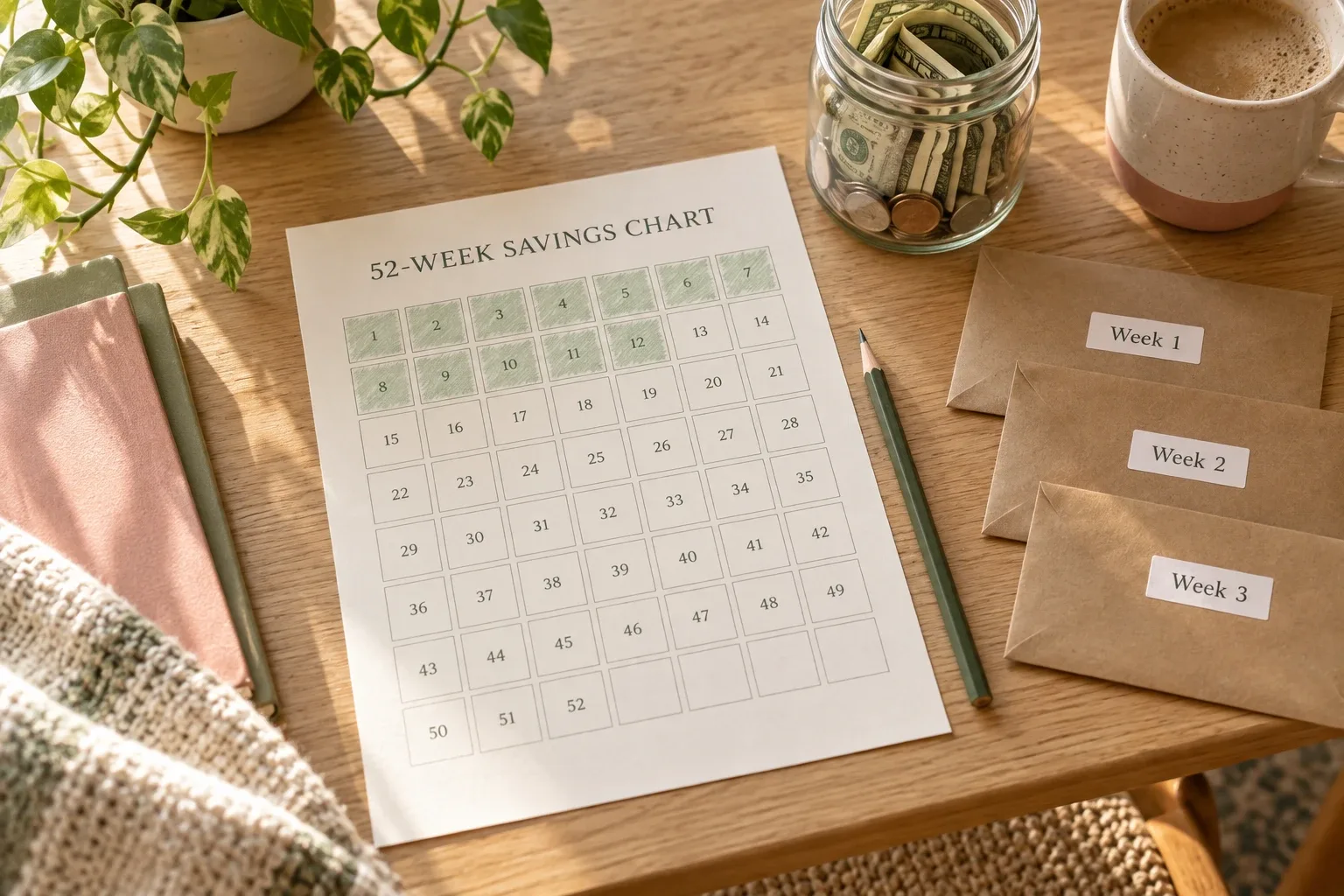 A 52-week savings chart with the first weeks colored in, a jar of savings and labeled envelopes on an oak desk
