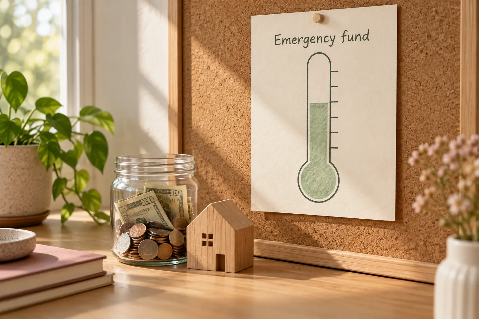 Emergency fund savings thermometer pinned to a cork board above a jar of savings and a small wooden house