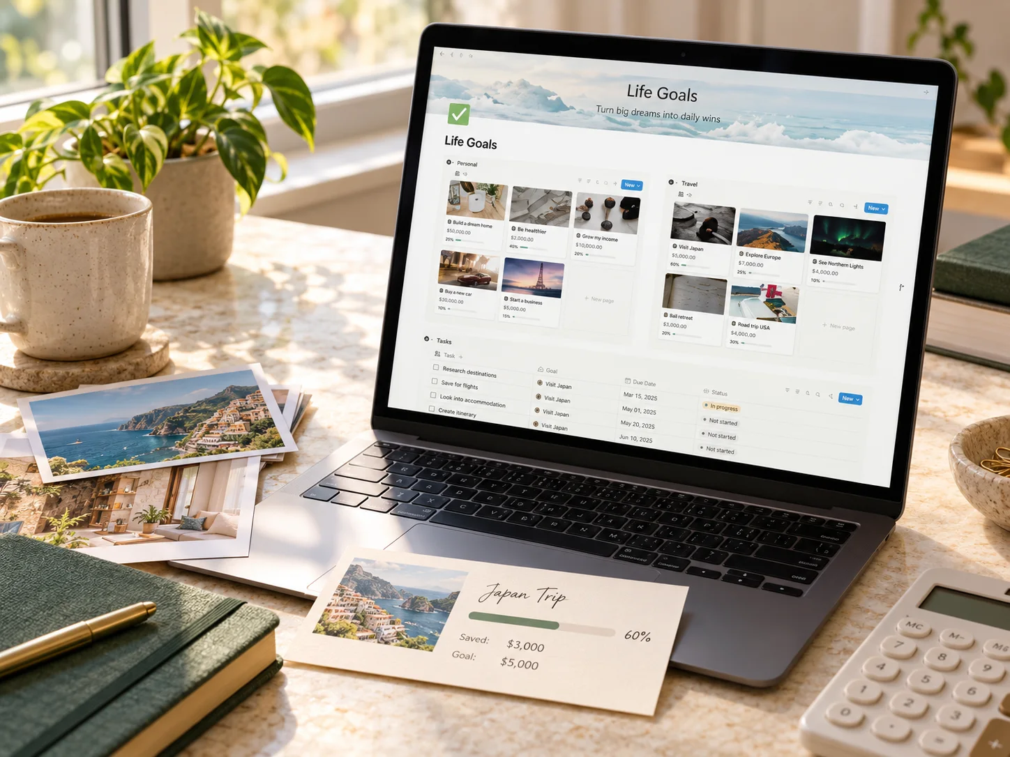 Notion Life Goals dashboard displayed naturally on an angled laptop beside a travel savings goal card in warm window light
