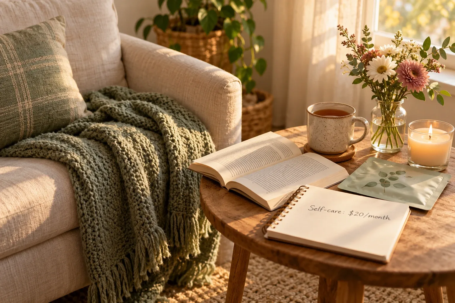 Cozy reading corner with tea, a candle, flowers and a notebook reading Self-care: $20/month