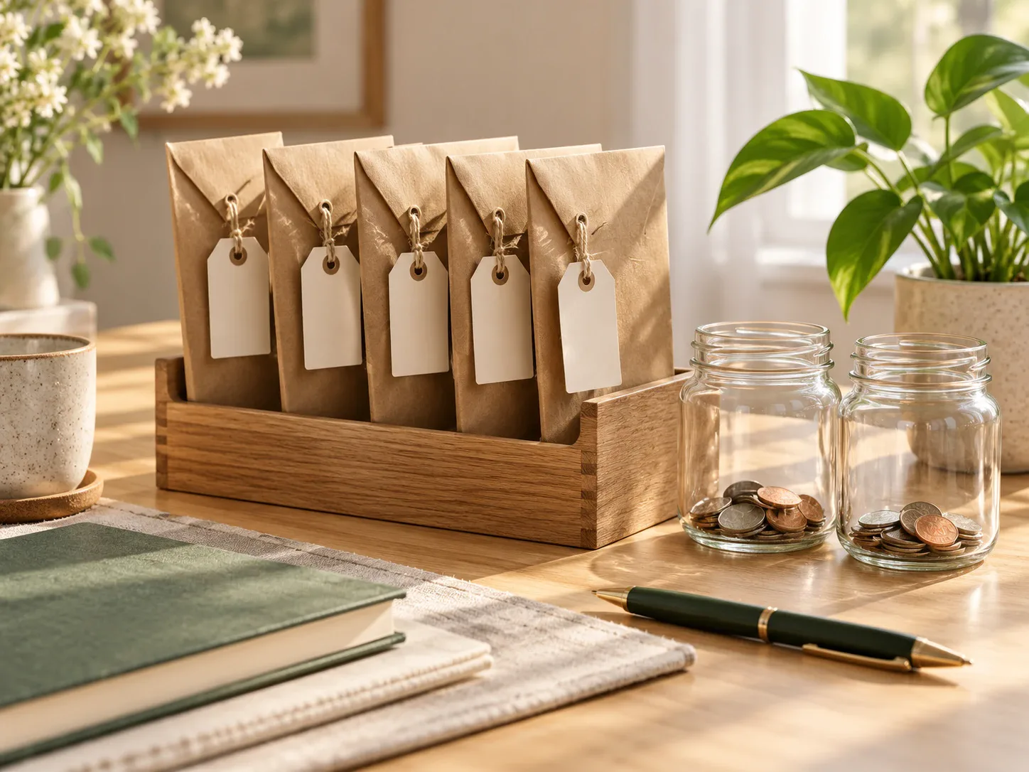 Labelled kraft envelopes and small glass jars lined up on a wooden desk