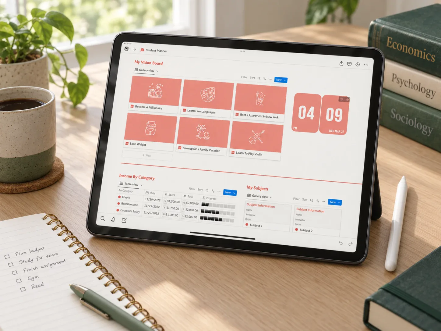 Student planner dashboard displayed on a tablet