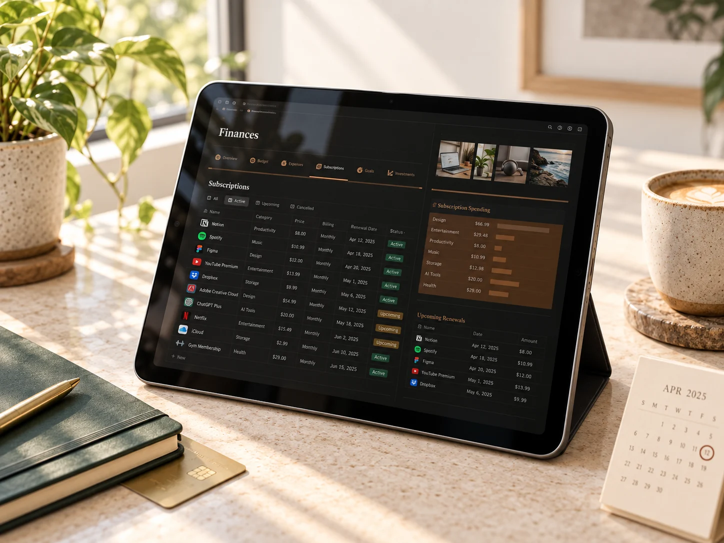 Editorial subscription tracker displayed naturally on an angled tablet with realistic window reflections beside a calendar and green notebook