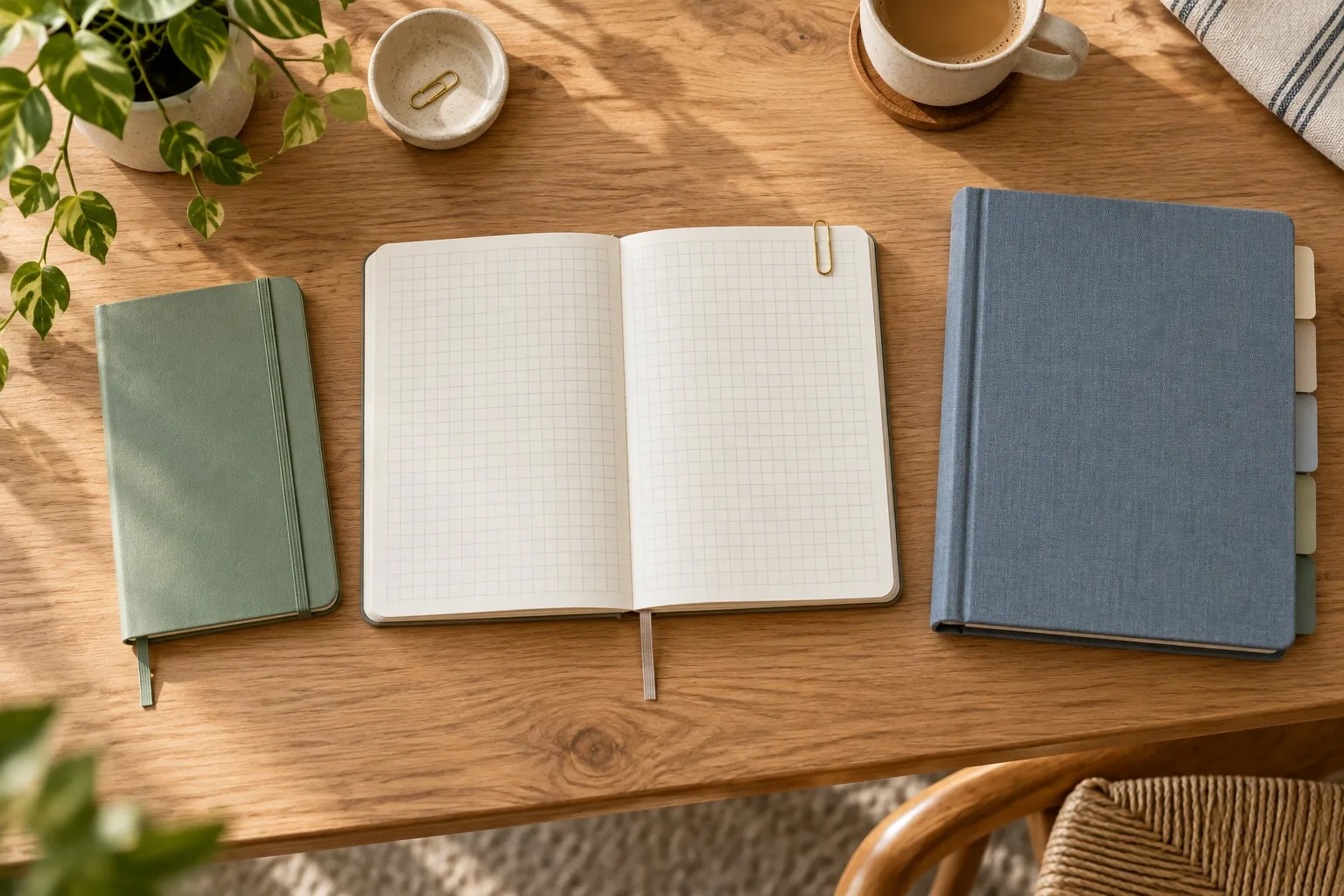 Three notebooks of different sizes arranged side by side