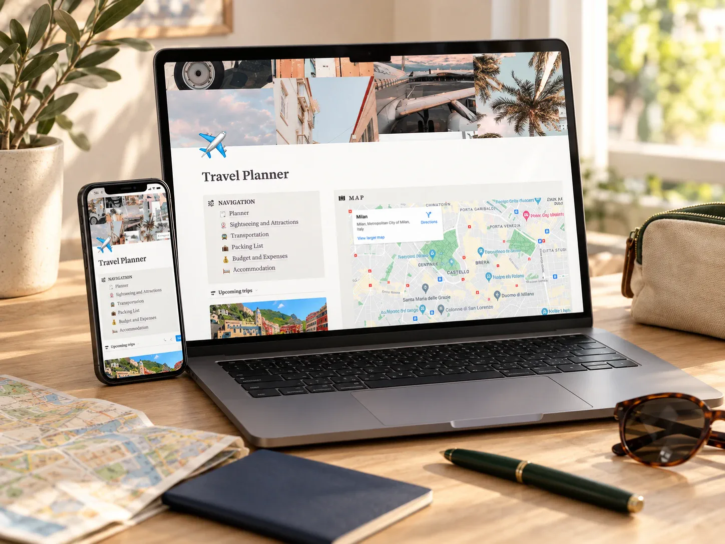 Travel planner Notion dashboard displayed on a laptop and phone