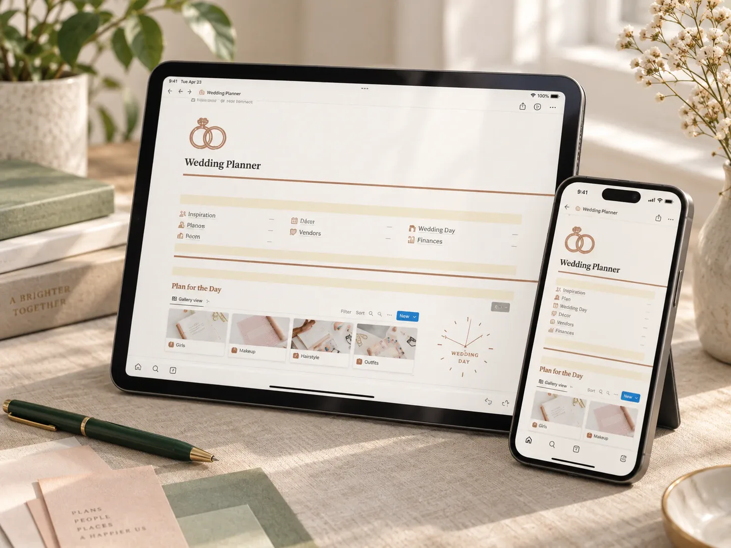 Wedding planner dashboard displayed on a tablet and phone