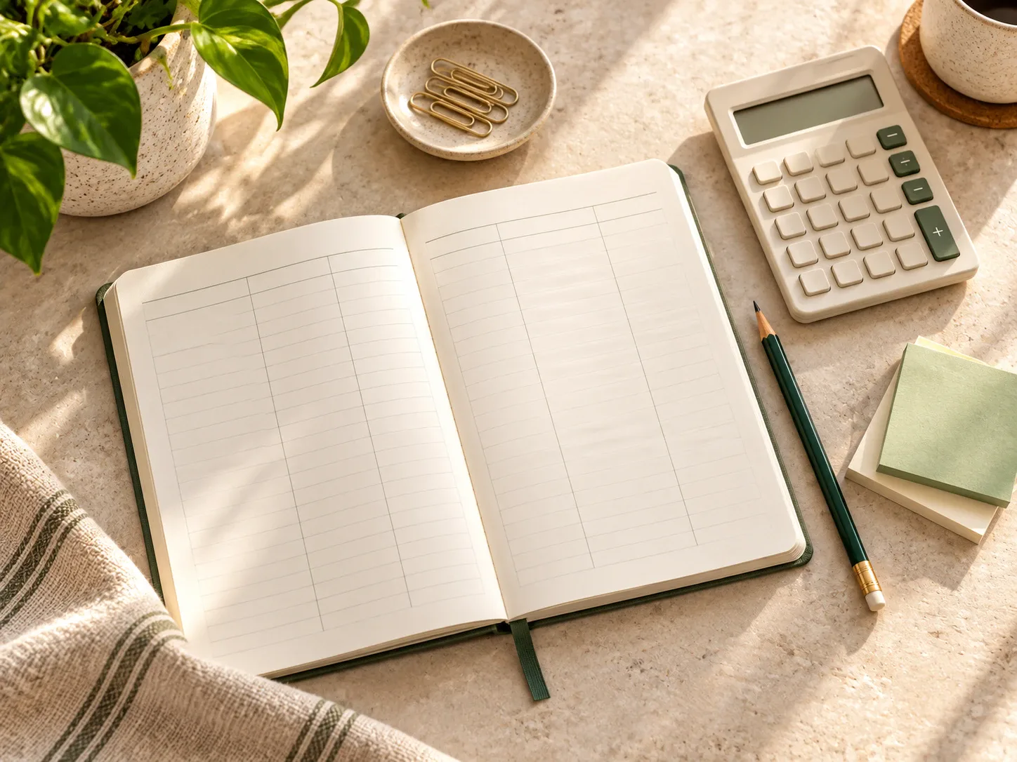 Ruled notebook with blank columns, a calculator and a pencil on a light desk